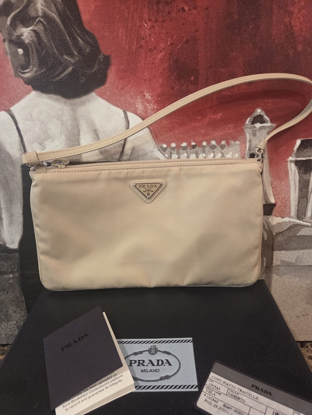 BRAND NEW!! Prada Beige Re-Nylon Bag with Leather Strap and Box